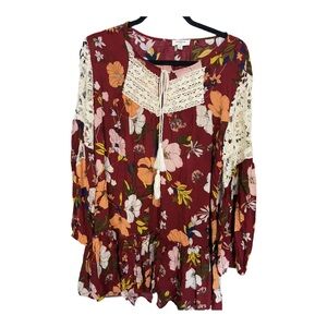 Umgee Burgundy Tunic Dress with Lace Details